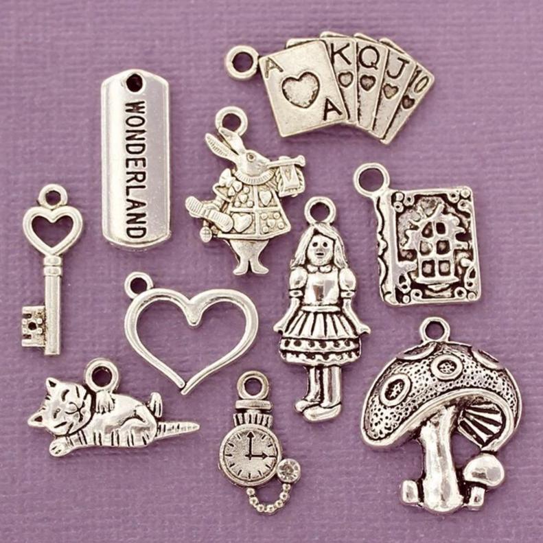 Alice in Wonderland Charm Collection Antique Silver Tone 10 Charms - COL273