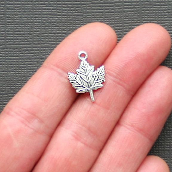 10 Maple Leaf Antique Silver Tone Charms 2 Sided - SC2324
