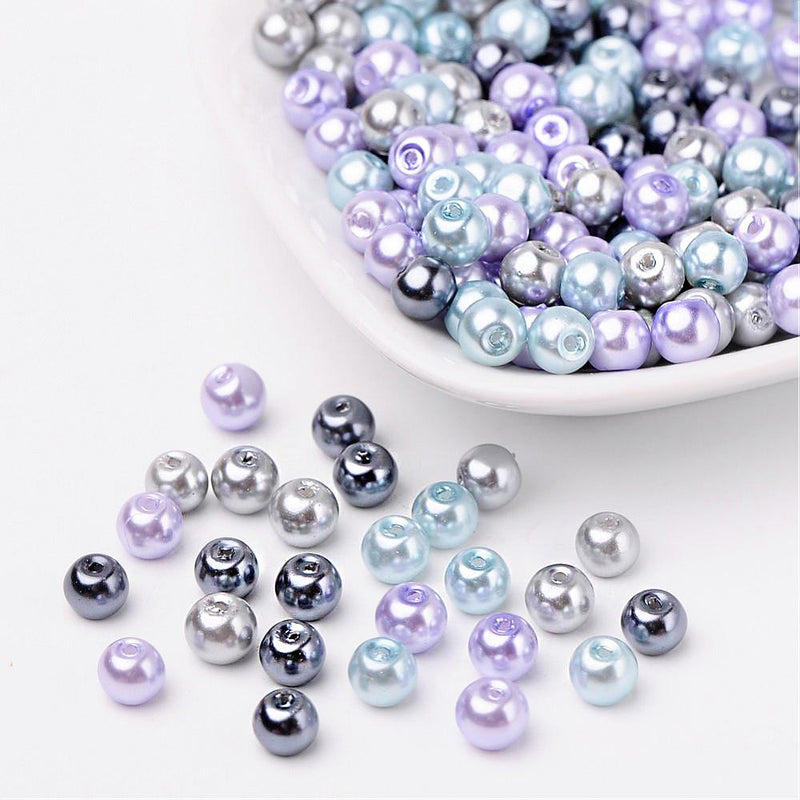 Round Glass Beads 6mm - Assorted Pearl Lavender and Silver - 200 Beads - BD1474