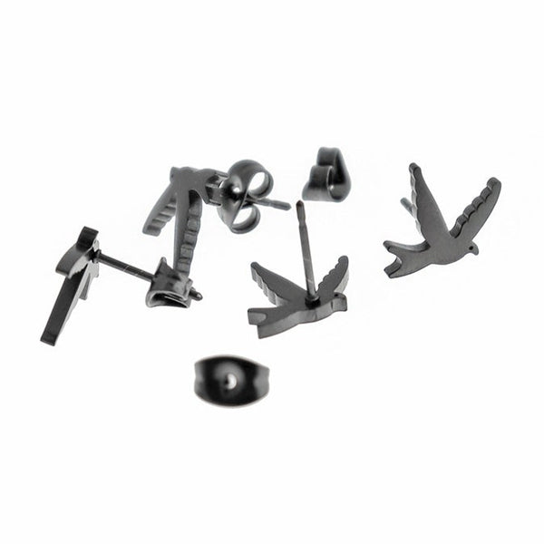 Gunmetal Black Stainless Steel Earrings - Bird Studs - 13mm x 11mm - 2 Pieces 1 Pair - ER454