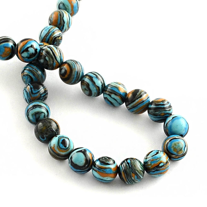 Round Synthetic Gemstone Beads 8mm - Blue, Black and Tan Swirl - 1 Strand 50 Beads - BD598