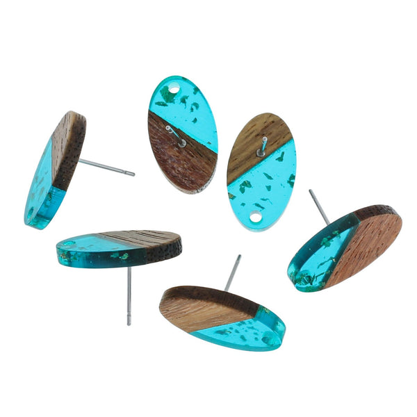 Wood Stainless Steel Earrings - Blue and Gold Resin Oval Studs - 20mm x 11mm - 2 Pieces 1 Pair - ER270