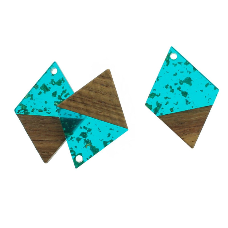 2 Rhombus Natural Wood and Blue and Gold Resin Charms 34mm - WP216