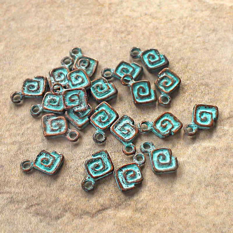 4 Geometric Swirl Antique Copper Tone Mykonos Charms with Green Patina 2 Sided - BC1570