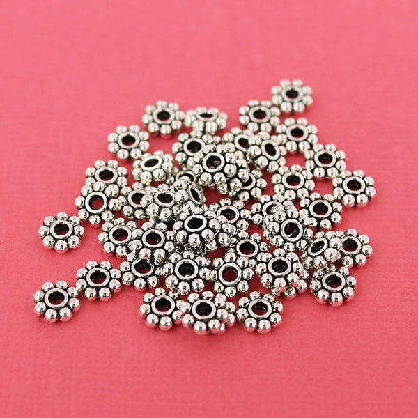 Daisy Spacer Beads 6mm - Silver Tone - 50 Beads - SC5558