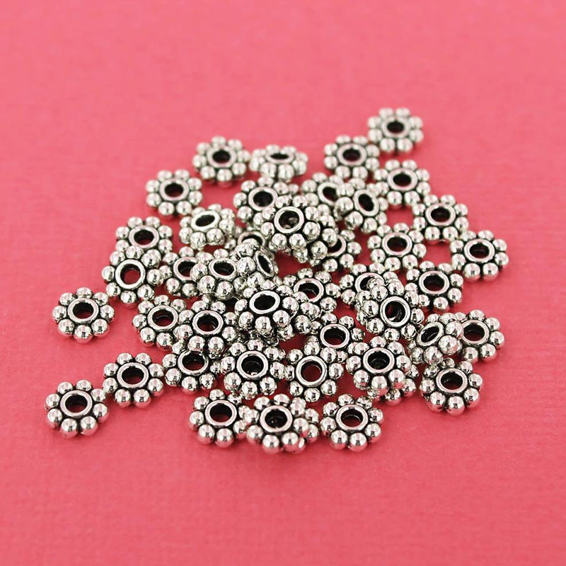 Daisy Spacer Beads 6mm - Silver Tone - 50 Beads - SC5558