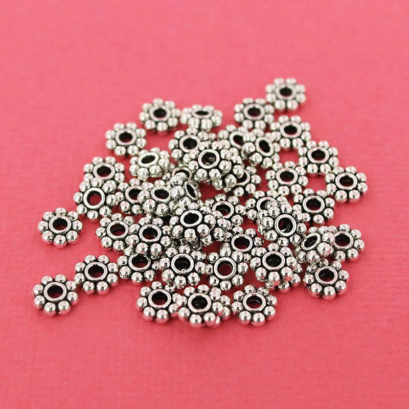 Daisy Spacer Beads 6mm - Silver Tone - 50 Beads - SC5558