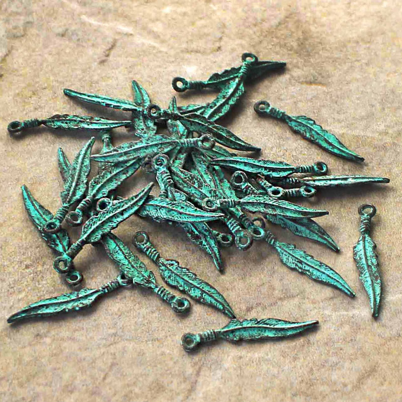 4 Feather Antique Copper Tone Mykonos Charms with Green Patina - BC1563