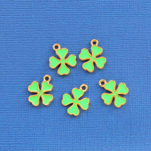 5 Clover Gold Tone Enamel Charms - E279