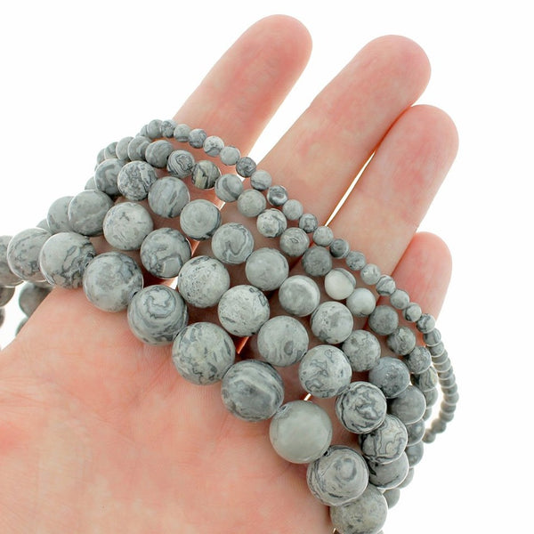 Round Natural Picasso Jasper Beads 4mm - 12mm - Choose Your Size - Stormy Grey Tones - 1 Full 15" Strand - BD1848
