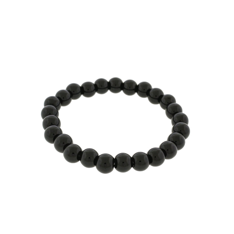 Round Glass Bead Bracelets - 58mm - Polished Black - 5 Bracelets - BB045