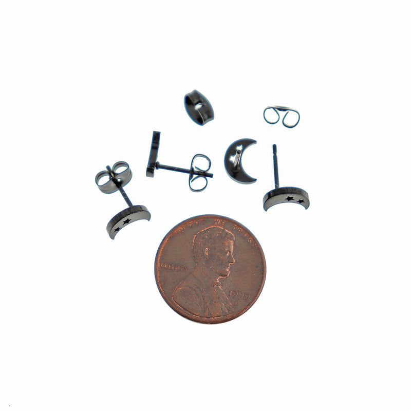 Gunmetal Black Stainless Steel Earrings - Crescent Moon Studs - 8mm x 6mm - 2 Pieces 1 Pair - ER436