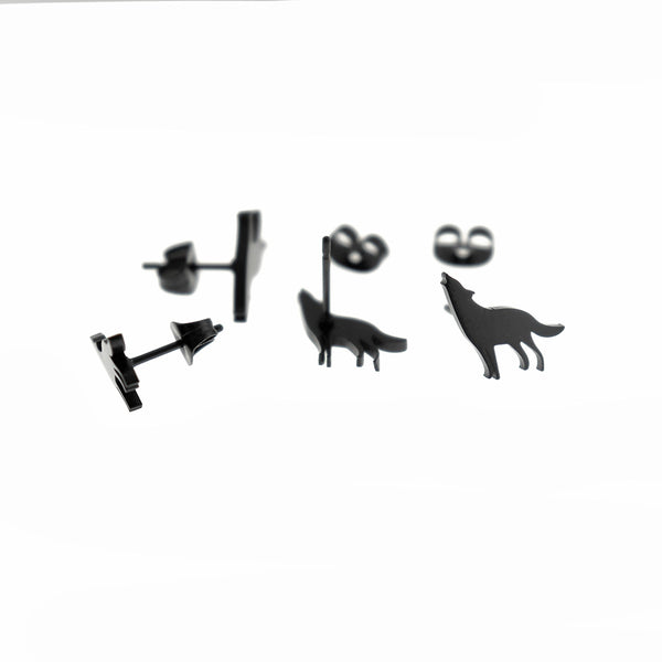Black Tone Stainless Steel Earrings - Wolf Studs - 11mm x 10mm - 2 Pieces 1 Pair - ER810