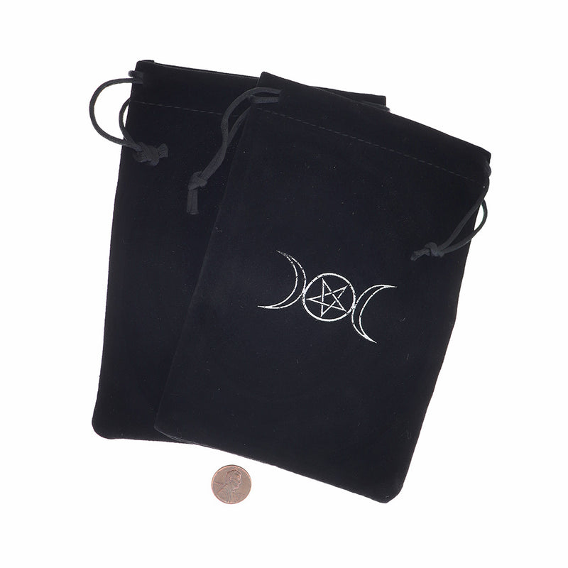 Velvet Drawstring Bag 18cm x 12cm Black with Moon Phase Jewelry Pouch - TL206