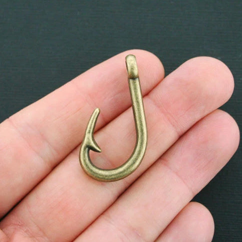 4 Fish Hook Antique Bronze Tone Charms 2 Sided - BC1352