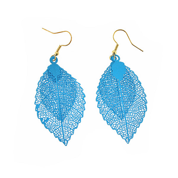 Blue Filigree Leaf Earrings - Gold Tone French Hook - 70mm - 2 Pieces 1 Pair - Z1318