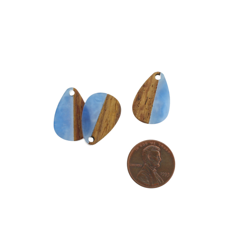 2 Teardrop Natural Wood and Blue Resin Charms 21mm - WP370