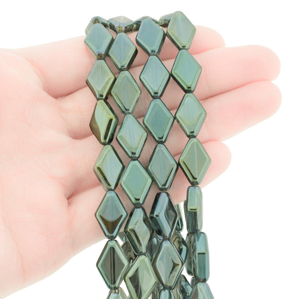 Rhombus Glass Beads 15mm x 10mm - Electroplated Olive Green - 1 Strand 43 Beads - BD1138