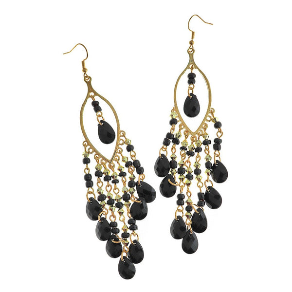 Black Beaded Earrings - Gold Tone French Hook Style - 2 Pieces 1 Pair - ER531