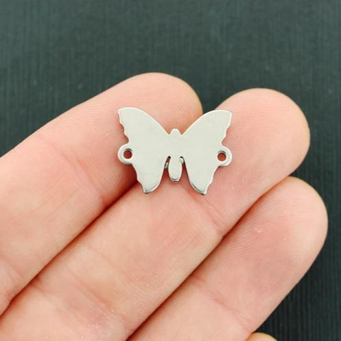 2 Butterfly Connector Silver Tone Stainless Steel Charms 2 Sided - FD747
