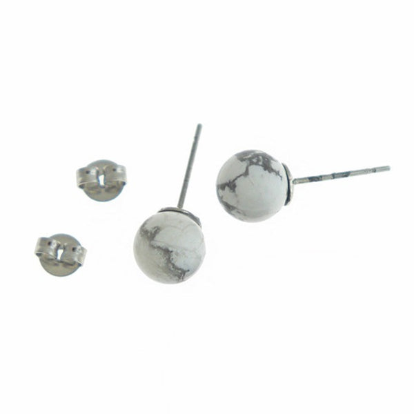 Boucles d'oreilles en laiton argenté - Imitation Howlite Gemstone Ball Studs - 8mm - 2 pièces 1 paire - ER573