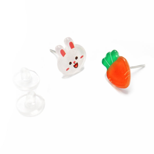 Resin Earring Easter Studs - Carrot and Rabbit - 10mm x 6mm - 2 Pieces 1 Pair - ER254