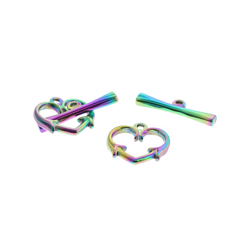 Rainbow Electroplated Stainless Steel Heart Toggle Clasps 15mm x 15.5mm - 5 Sets 10 Pieces - FD1011