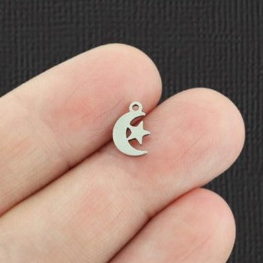 6 Moon and Star Silver Tone Stainless Steel Charms 2 Sided - SSP099