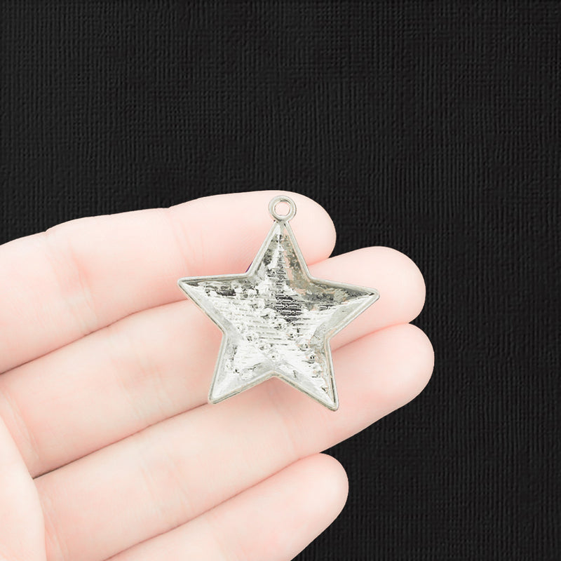 American Flag Star Silver Tone Enamel Charms with Inset Rhinestones - E1535