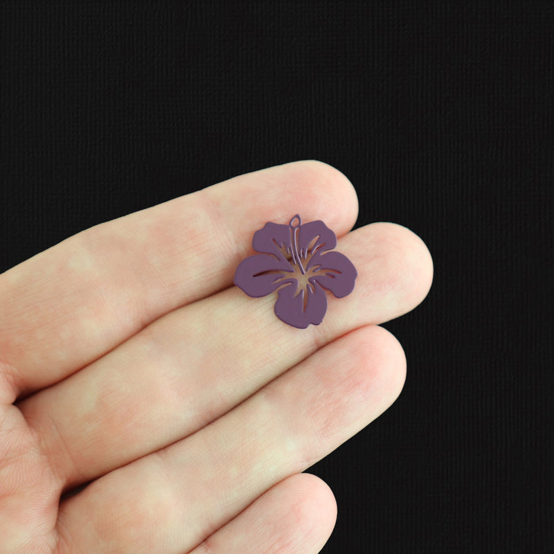 6 Filigree Flower Purple Enamel Copper Charms 2 Sided - E1469