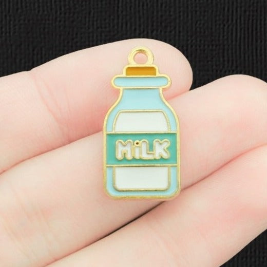 6 Milk Bottle Gold Tone Enamel Charms - E1405