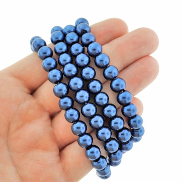 Perles de Verre Rondes 8mm - Bleu Marine Nacré - 1 Rang 105 Perles - BD364