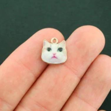 4 White Cat Gold Tone Enamel Charms - E363