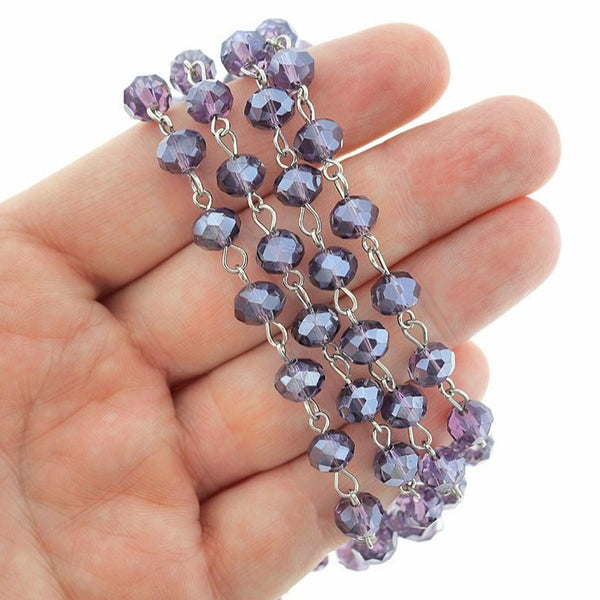 BULK Beaded Chapelet - 8mm Rondelle Purple Glass &amp; Silver Tone - 3.3ft ou 1m - RC040