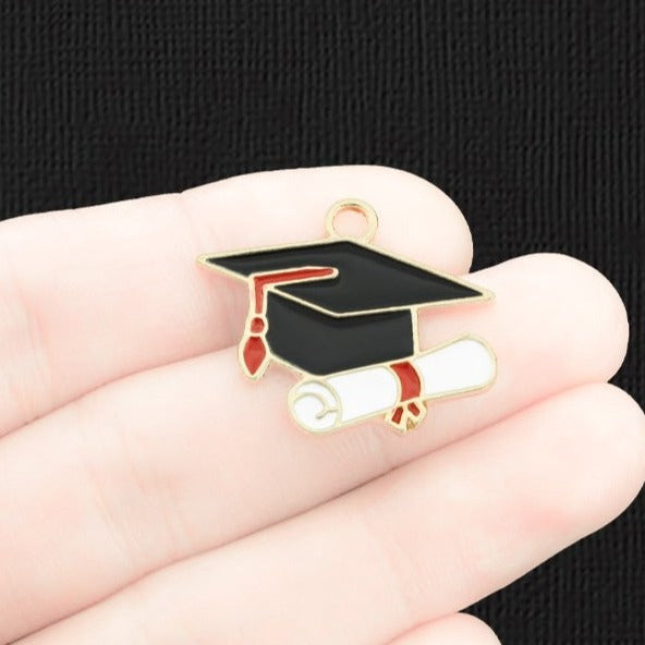 4 Graduation Cap and Diploma Gold Tone Enamel Charms - E773