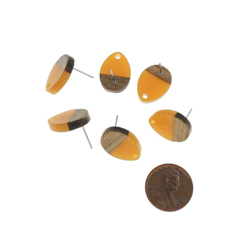Wood Stainless Steel Earrings - Dark Yellow Resin Teardrop Studs - 17mm x 13mm - 2 Pieces 1 Pair - ER299