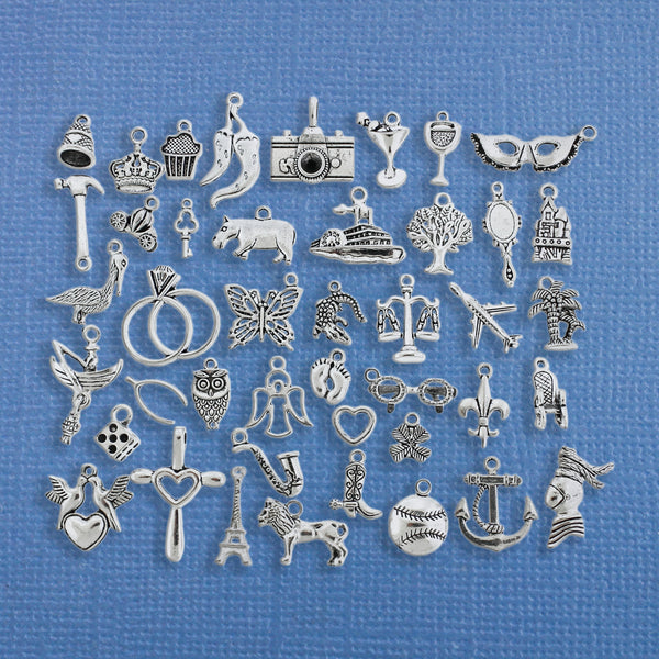 Deluxe Cake Pull Charm Collection Antique Silver Tone 43 Charms - COL198