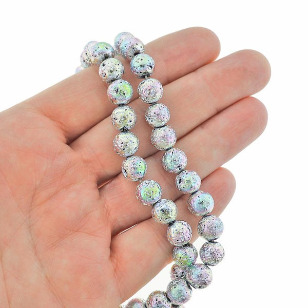 Round Lava Beads 8mm - Rainbow Electroplated Silver- 1 Strand 48 Beads - BD975