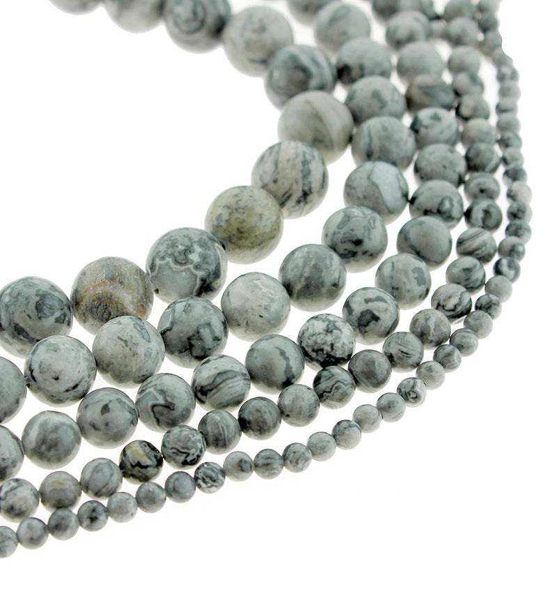 Perles rondes en jaspe naturel Picasso 4mm - 12mm - Choisissez votre taille - Tons gris orageux - 1 brin complet de 15" - BD1848