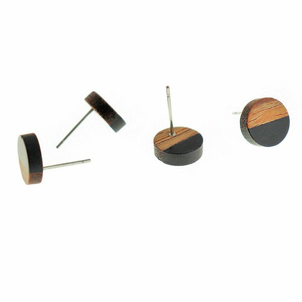 Wood Stainless Steel Earrings - Black Resin Round Studs - 10mm - 2 Pieces 1 Pair - ER776