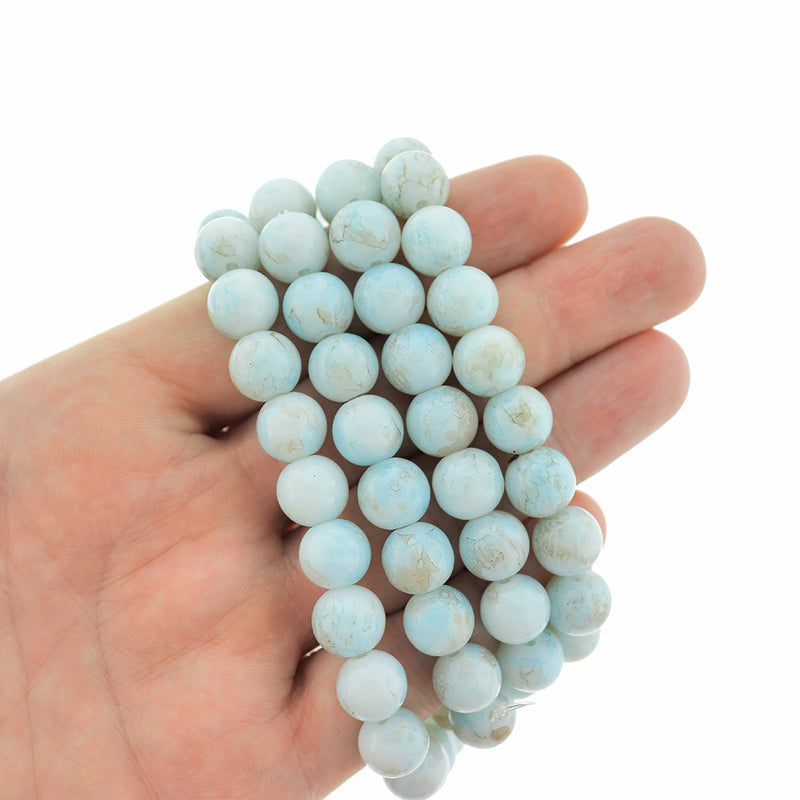 Perles de Verre Rondes 10mm - Bleu Doux Chiné et Sable - 15 Perles - BD120