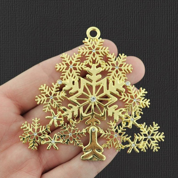 Snowflake Christmas Tree Gold Tone Charm with Inset Rhinestones - GC232