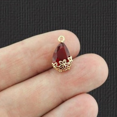 2 Red Glass Pendant Gold Tone Charms - Z251