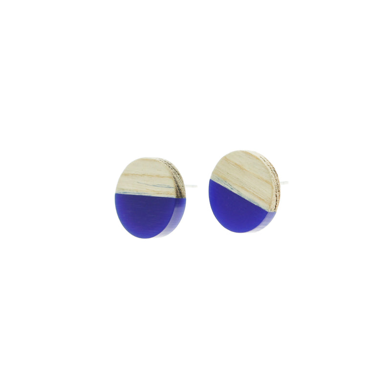Wood Stainless Steel Earrings - Blue Resin Round Studs - 15mm - 2 Pieces 1 Pair - ER100