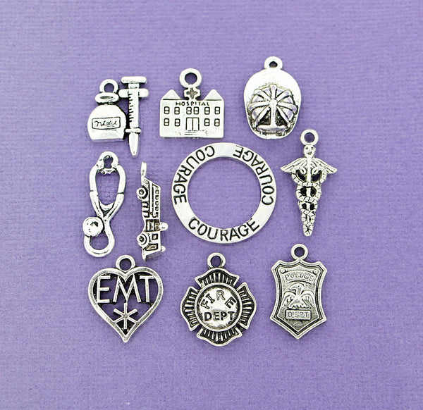 First Responders Charm Collection Antique Silver Tone 10 Different Charms - COL096