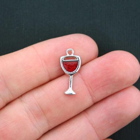4 Wine Glass Antique Silver Tone Charms With Glitter Red Enamel - SC3496