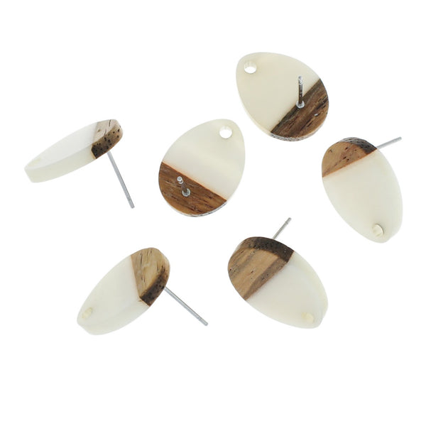 Wood Stainless Steel Earrings - White Resin Teardrop Studs - 17mm x 13mm - 2 Pieces 1 Pair - ER290