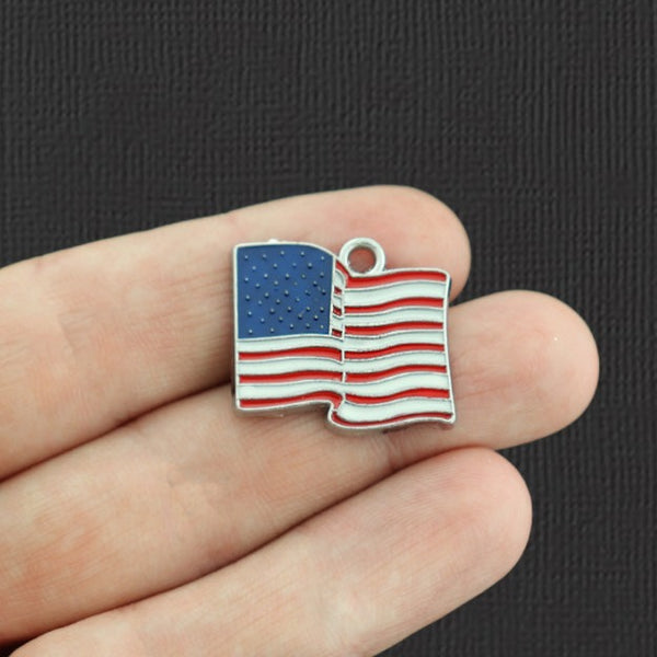 4 USA Flag Silver Tone Enamel Charms - E068