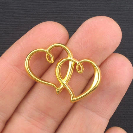 5 Double Heart Connector Antique Gold Tone Charms 2 Sided - GC263
