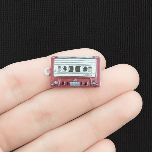 4 Red Cassette Tape Silver Tone Enamel Charms - E1525